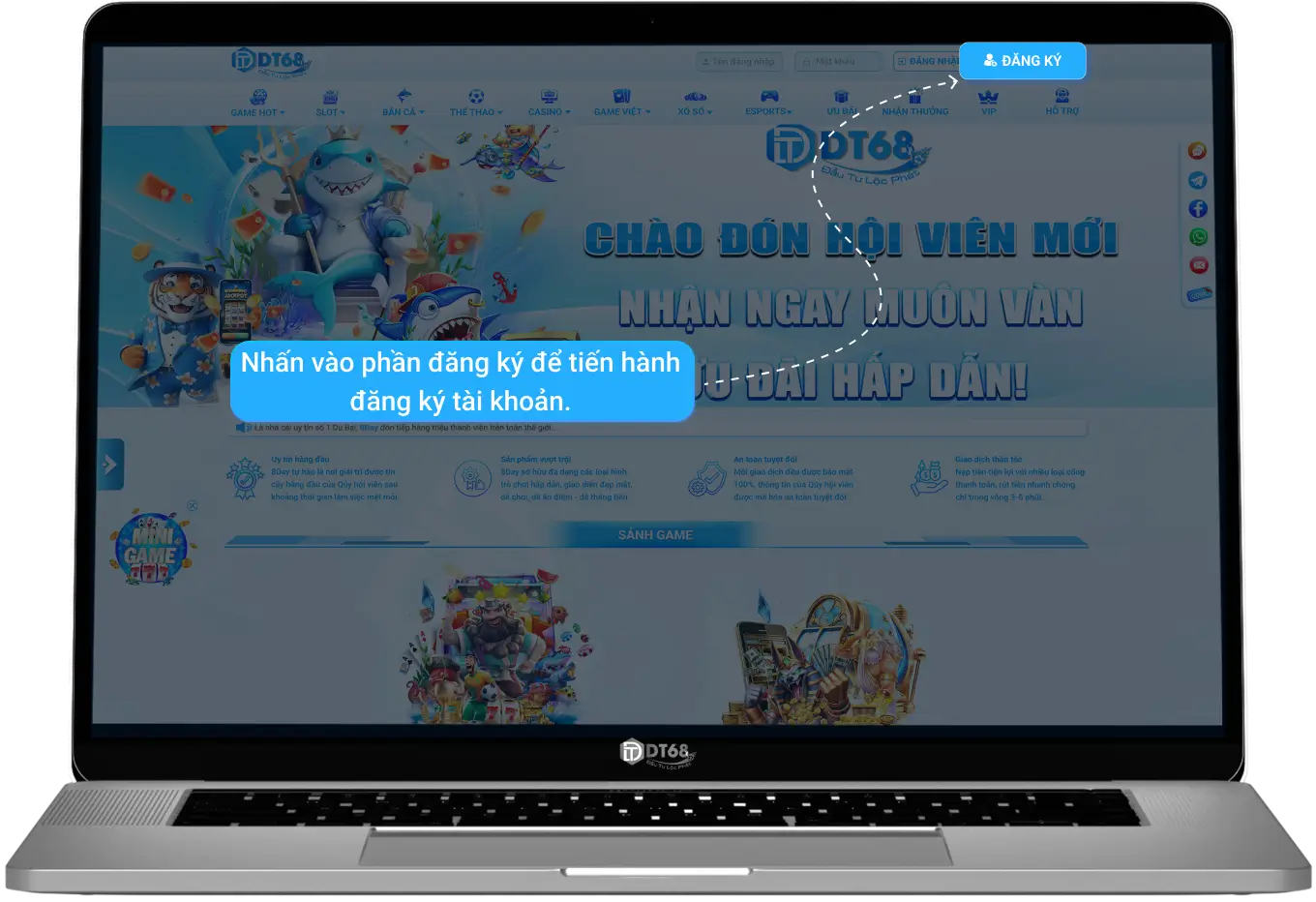 Màn hình chính thức của trang đăng ký DT68 với giao diện nhận biết dễ dàng