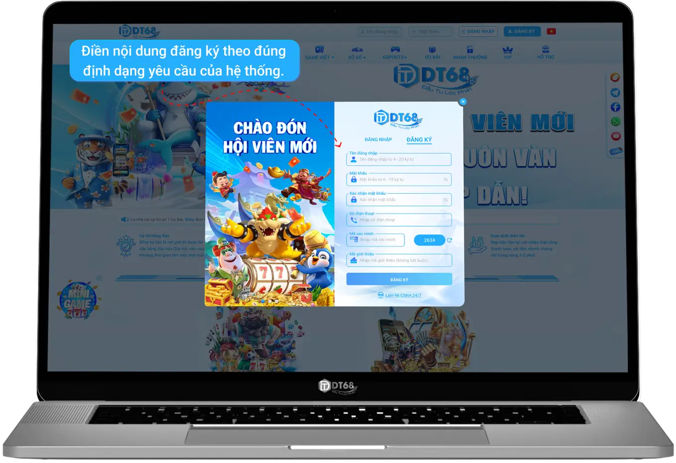 Nút đăng ký DT68 trên giao diện điện thoại và máy tính để người dùng dễ dàng nhận biết