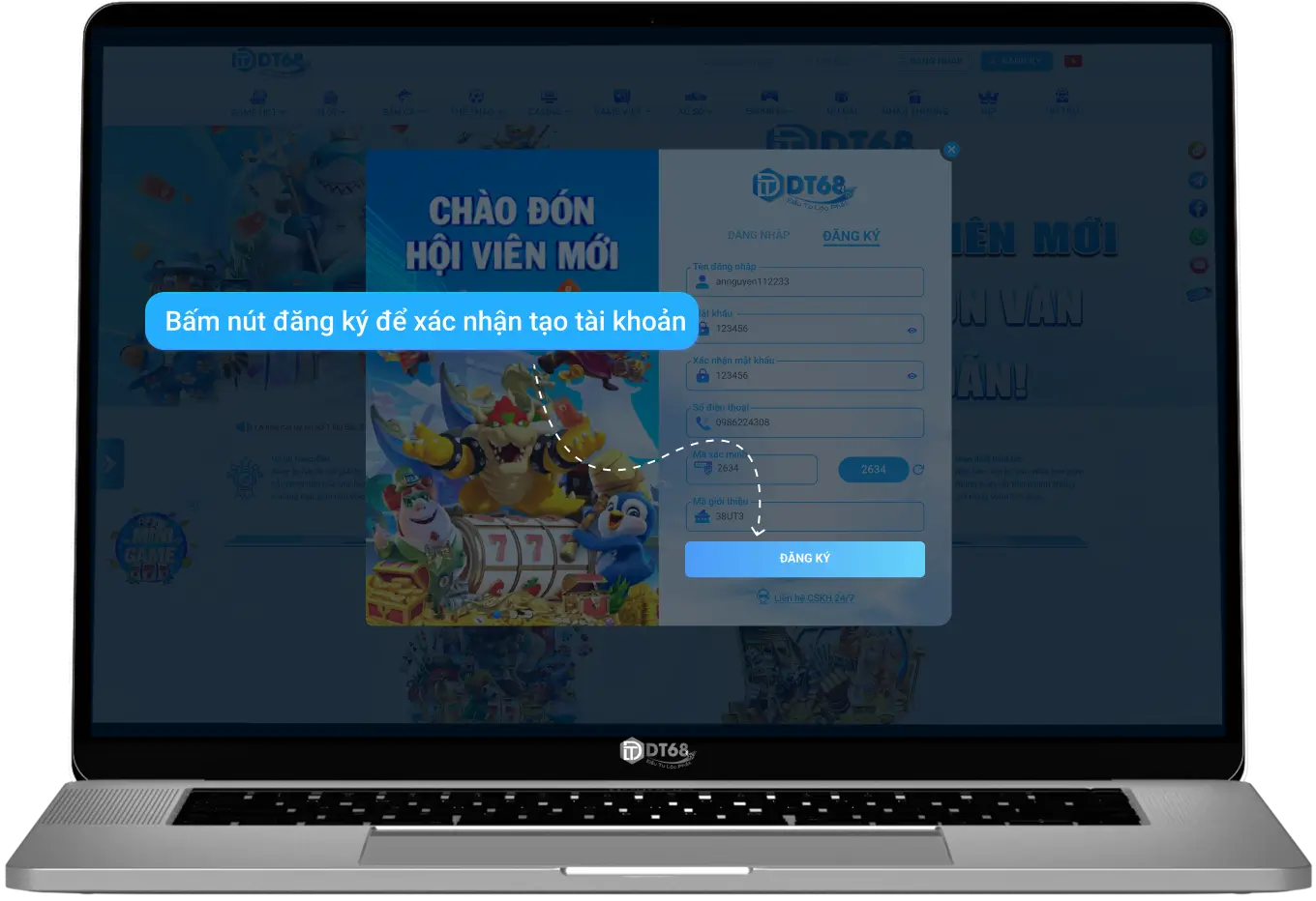 Giao diện nhập thông tin tài khoản DT68 với các trường thông tin cần thiết