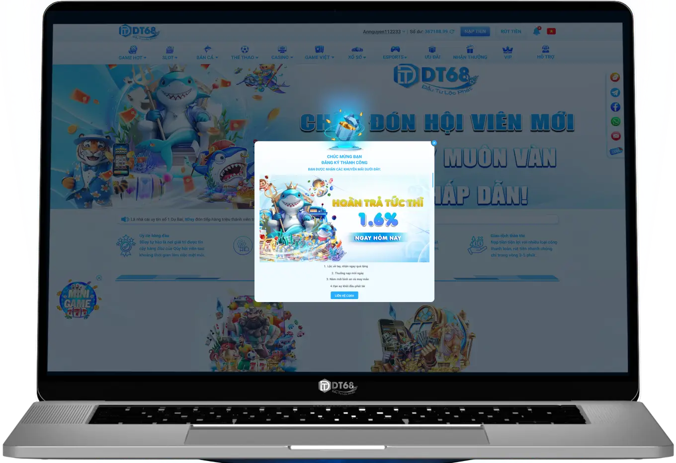 Giao diện đăng nhập lần đầu sau khi tạo tài khoản DT68